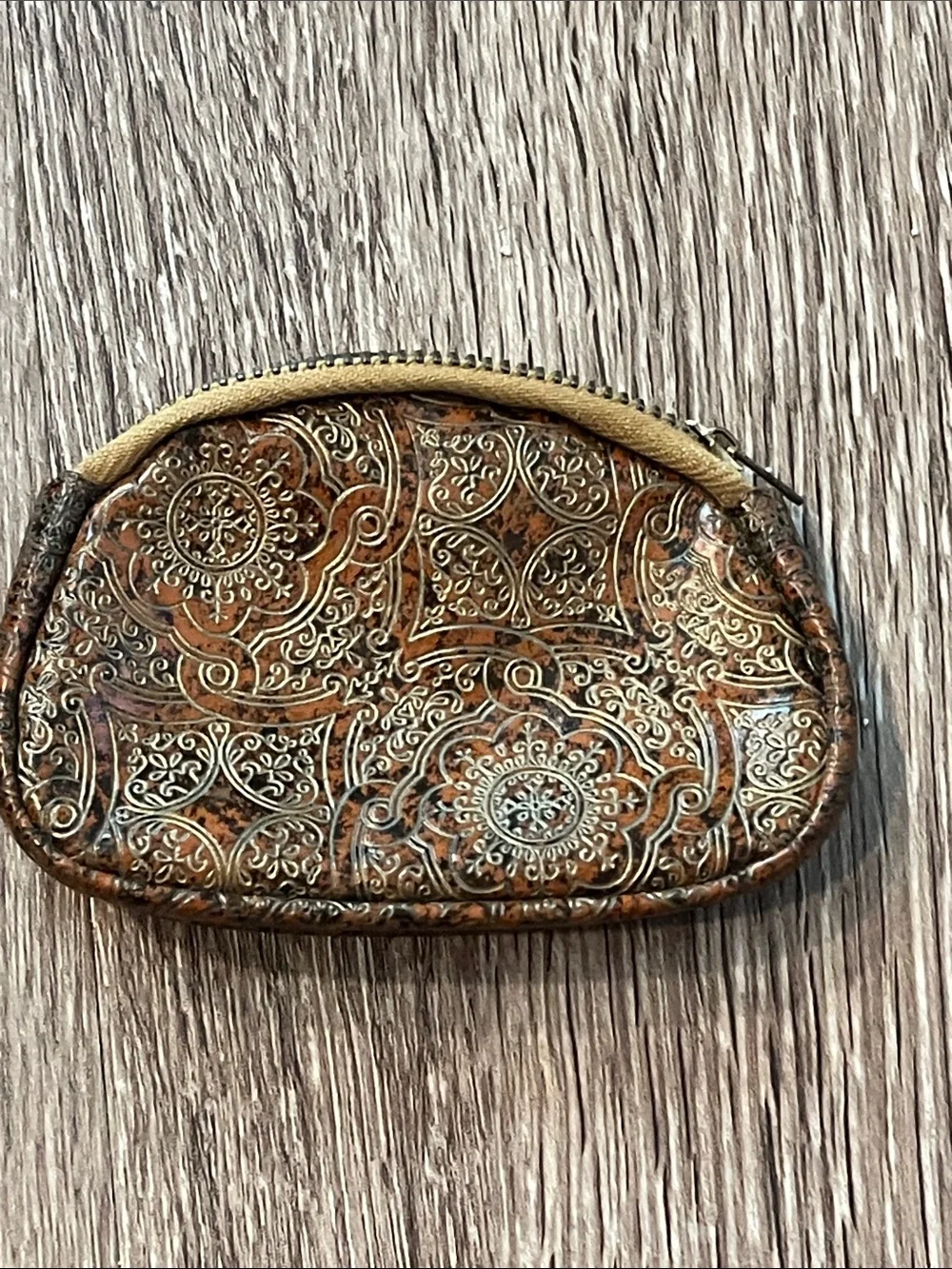 Vintage Ornate Brown Cosmetic Pouch or coin purse with Gold Embossed Design
